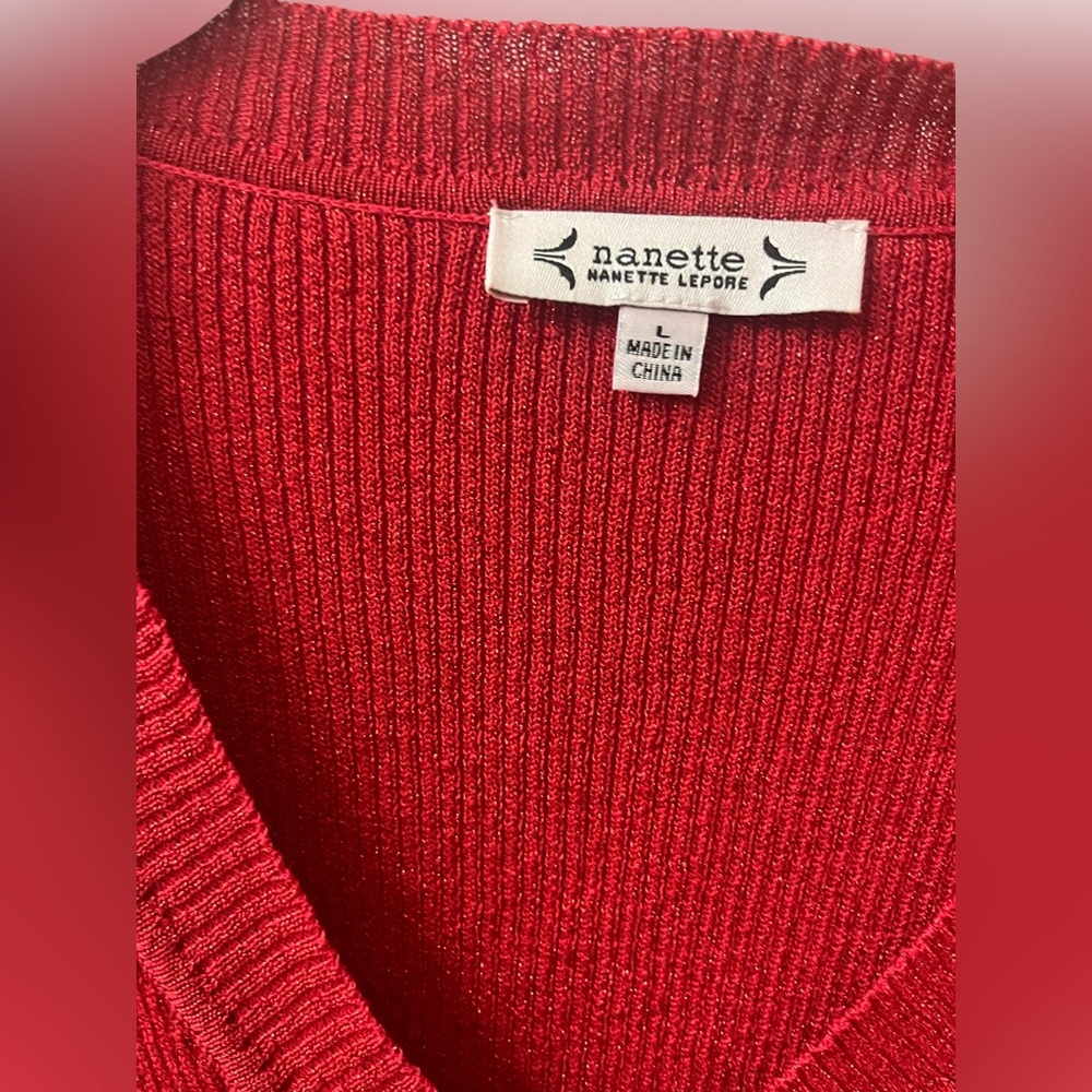 Nanette Lepore glitter red ruffle sshort sleeve top. Size Large #10267 - Picture 3 of 9